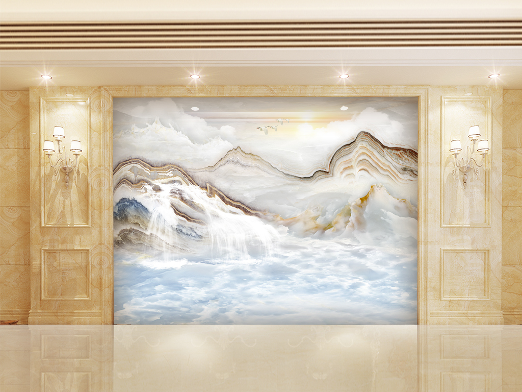 高清3D大理石纹山水花日出背景墙万物初始