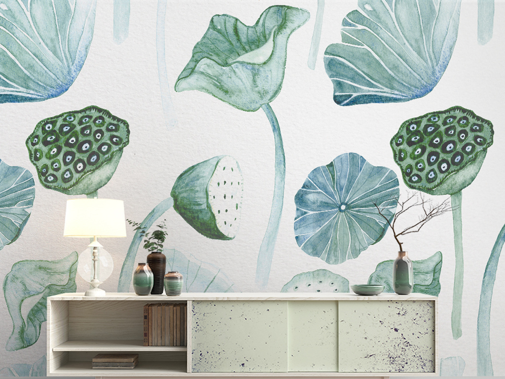 手绘水彩小清新绿色荷叶莲藕清新电视背景墙