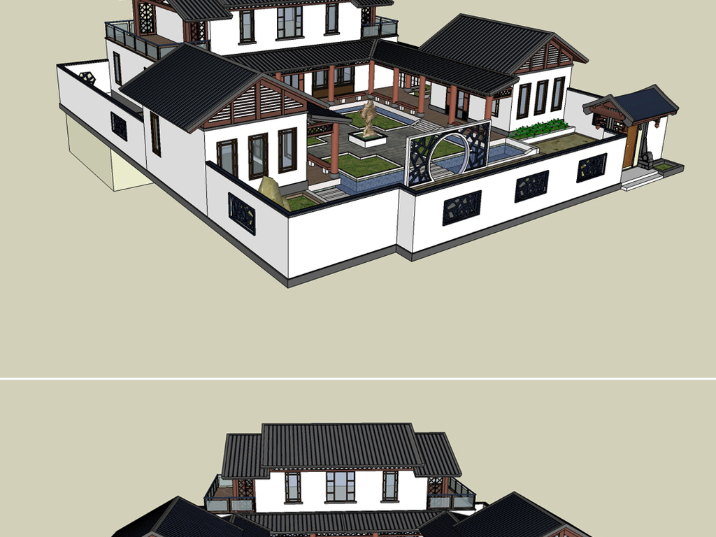 一款新中式别墅四合院su模型