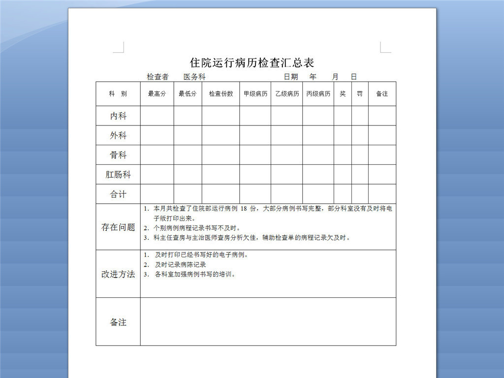 住院运行病历检查表模板