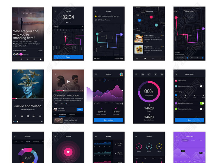 PSD\/SH\/深色系手机UI界面设计PSD分层模板素