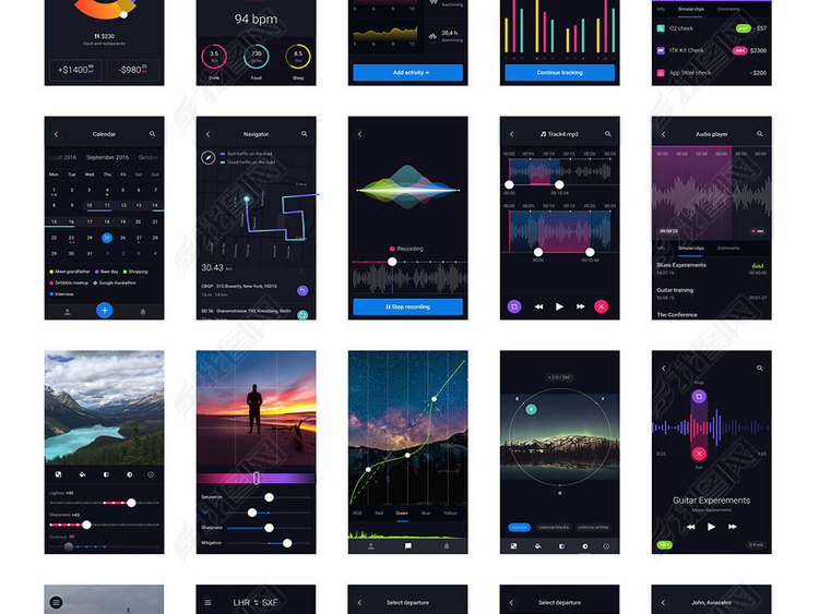 PSD\/SH\/深色系手机UI界面设计PSD分层模板素