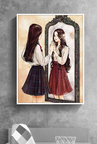 镜子中的自己美女自画像韩式手绘人物装饰画