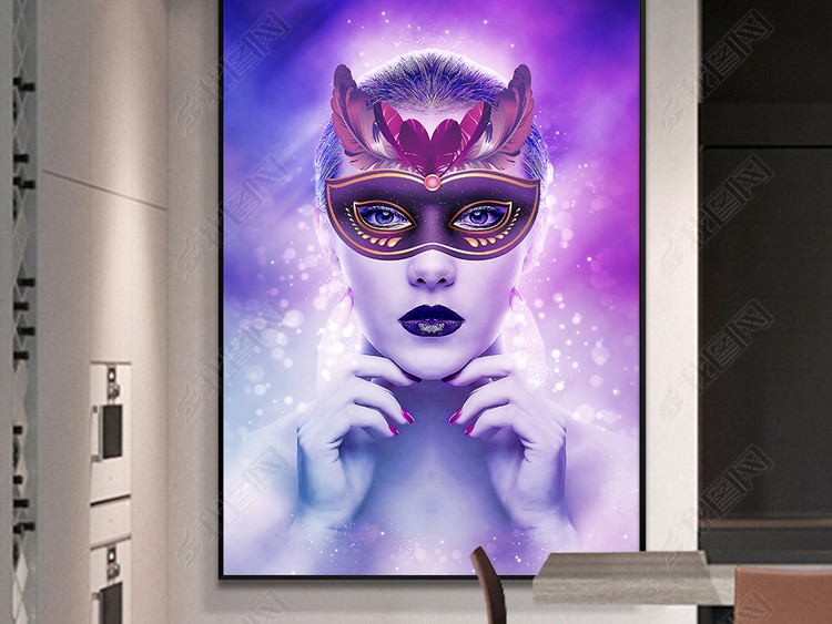 现代时尚美女面具抽象紫色创意北欧装饰画