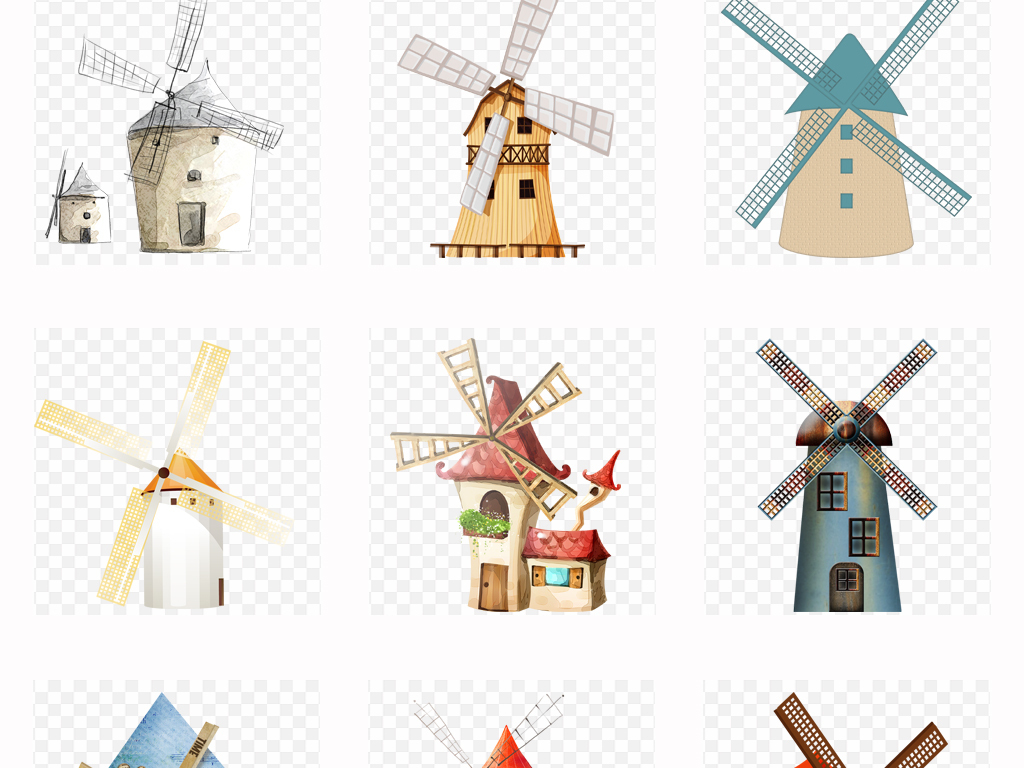 手绘可爱卡通风车水车装饰设计png免扣素材
