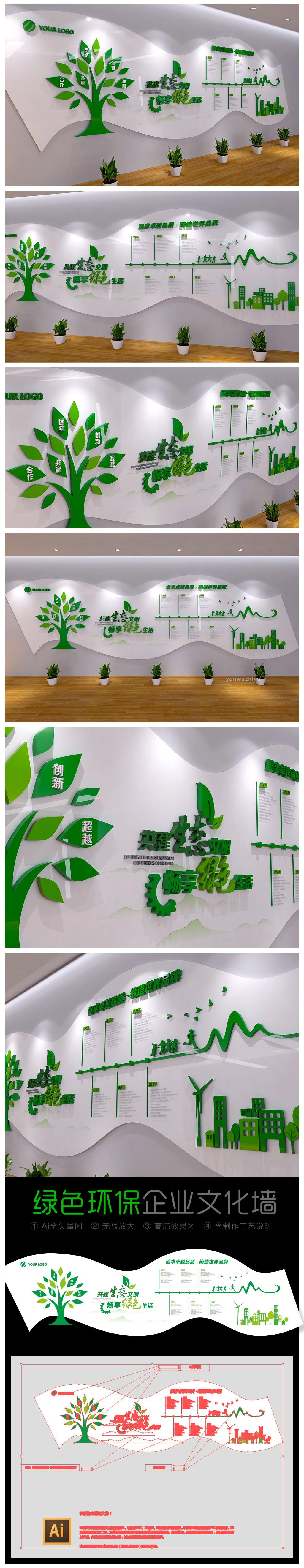 创意绿色环保科技企业文化墙公司形象墙