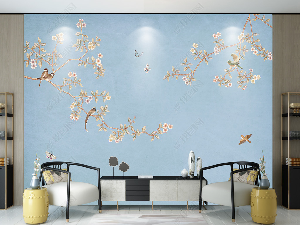 高清中式客厅卧室墙布墙纸效果图场景样机97