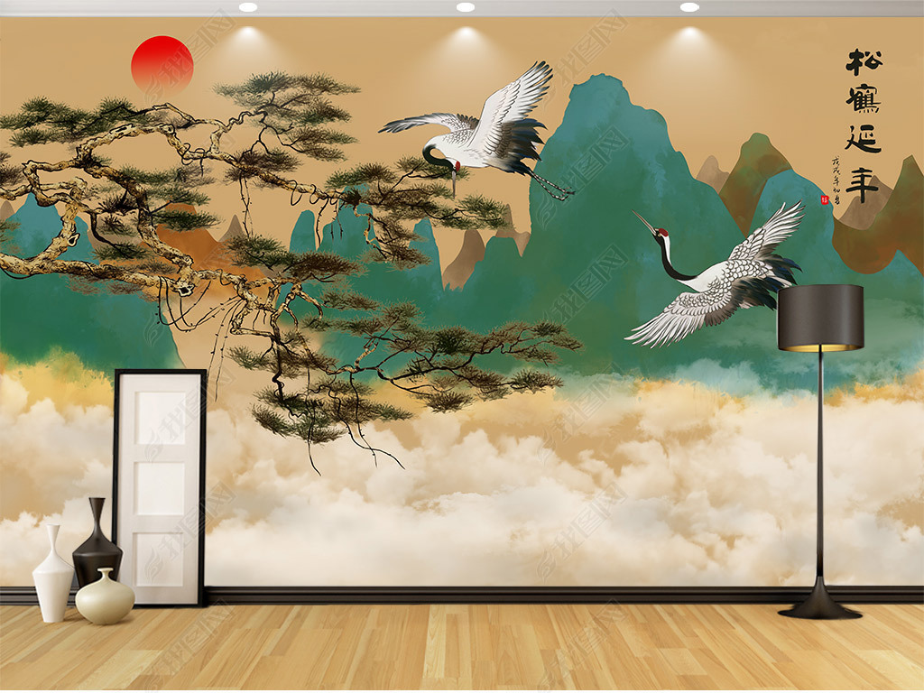 原创手绘新中式松鹤山水图背景墙壁画版权可商用