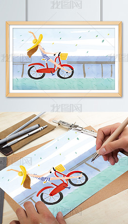 原创手绘水彩画夏天女孩骑自行车插画版权可商用