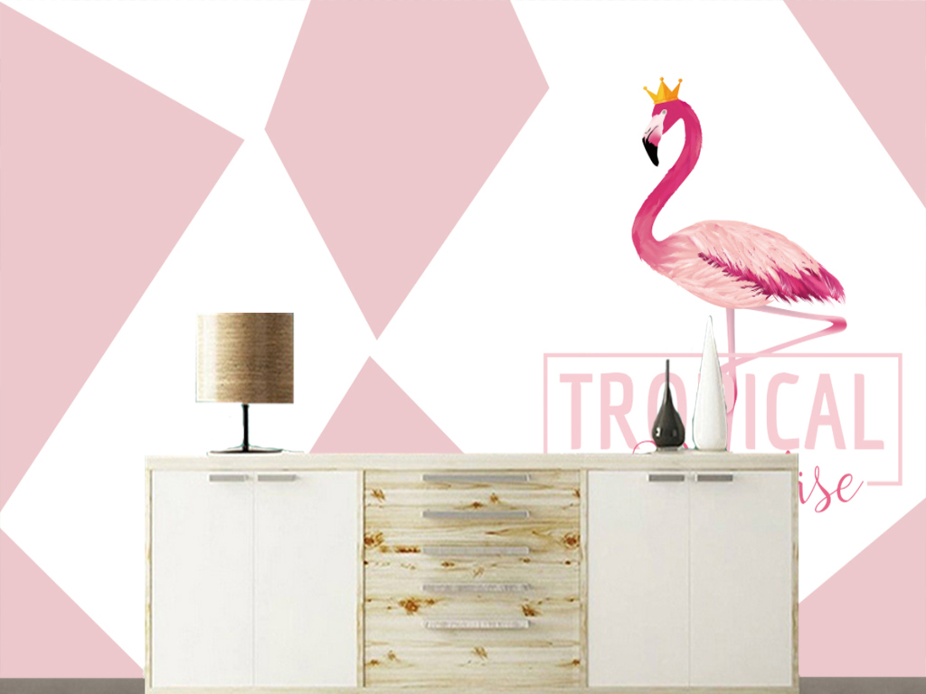 北欧手绘几何皇冠火烈鸟英文客厅电视背景墙