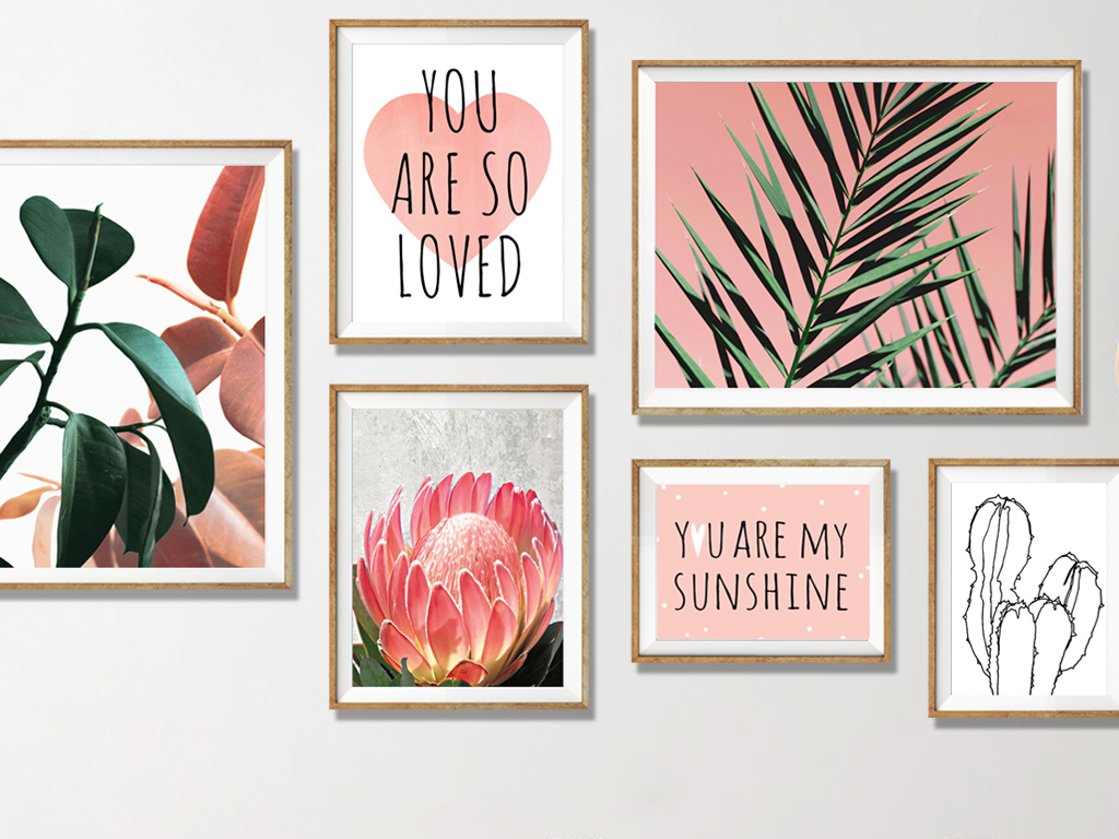 北欧风格照片墙小清新组合装饰画植物英文字