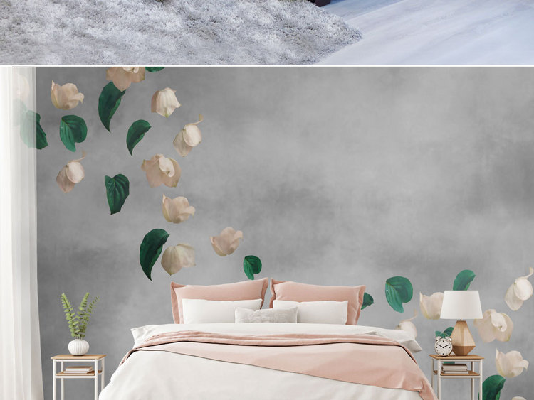 现代简约复古手绘花瓣飘落叶子全屋背景墙