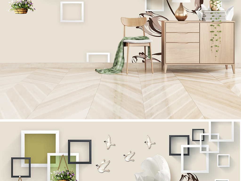 时尚3D百合花飞鸟影视背景墙