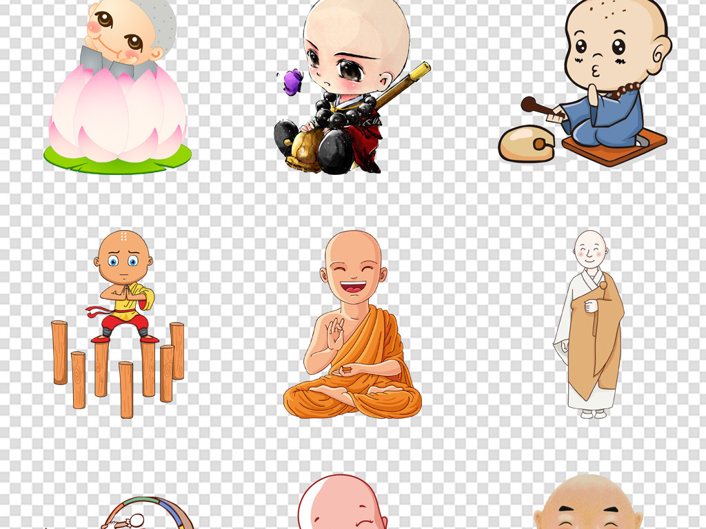 卡通小和尚老和尚佛光普照念经免扣png素材