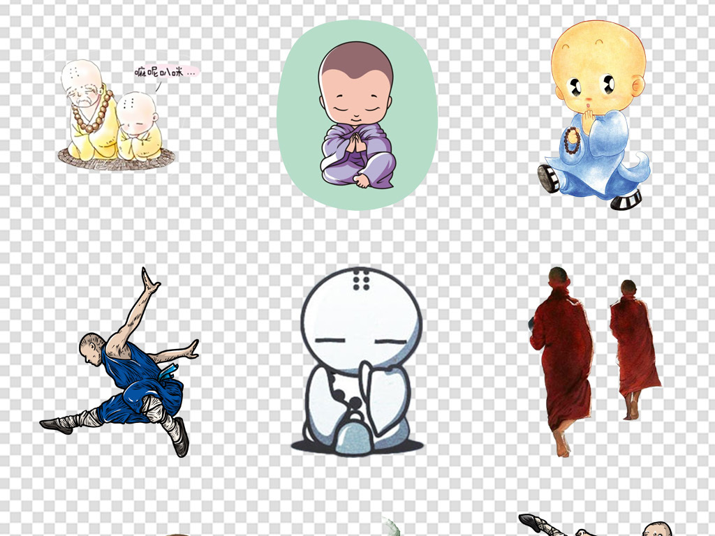 卡通小和尚老和尚佛光普照念经免扣png素材