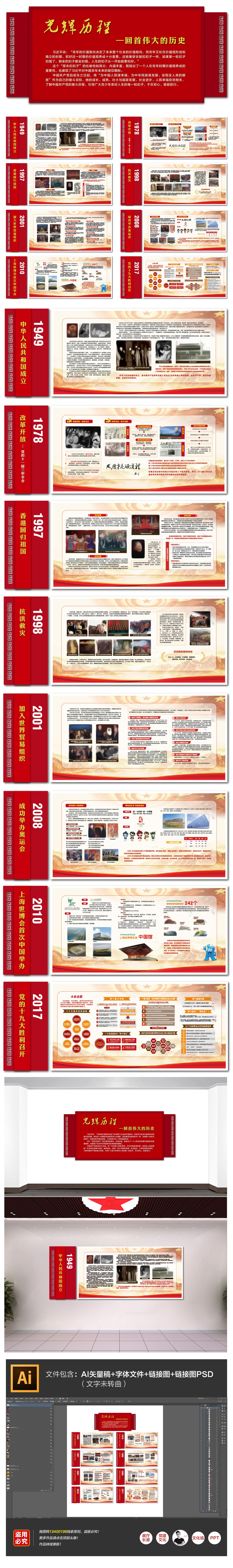 原创新中国成立以后重大历史事件光辉历程文化墙展板党建文化墙校园党建活动室走廊