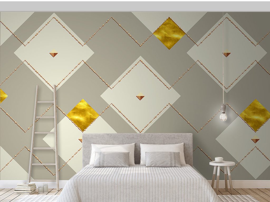 现代简约北欧金色方块线条几何图案纹样电视背景墙