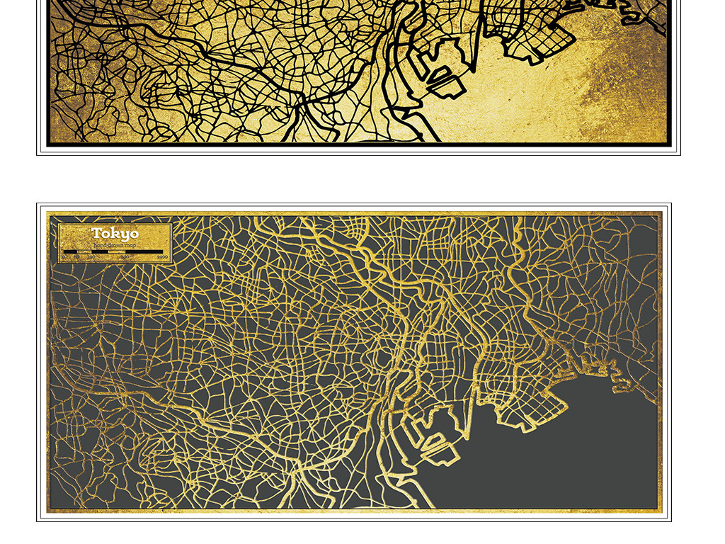 东京金色金箔复古现代城市地图分层装饰画