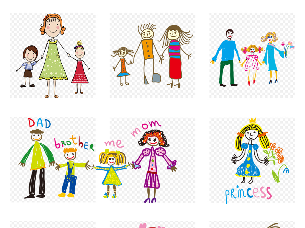 手绘线描小孩儿童孕妇准妈妈家庭全家福简笔画涂鸦儿童画png素材