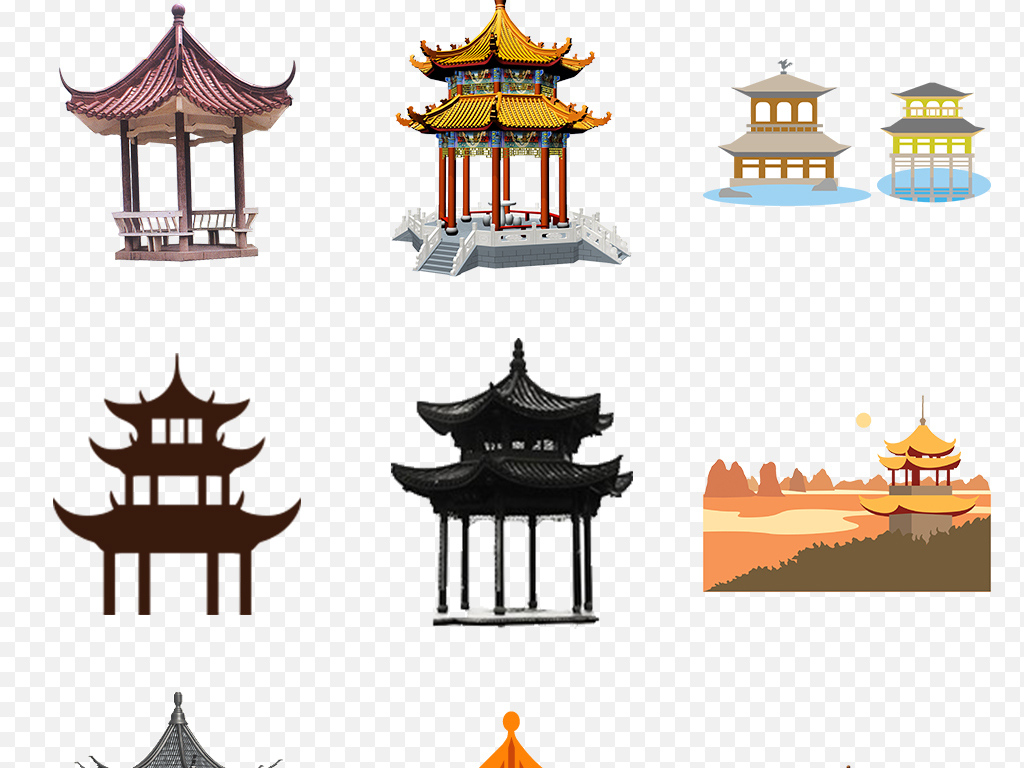 手绘中国风亭子海报素材背景图片png