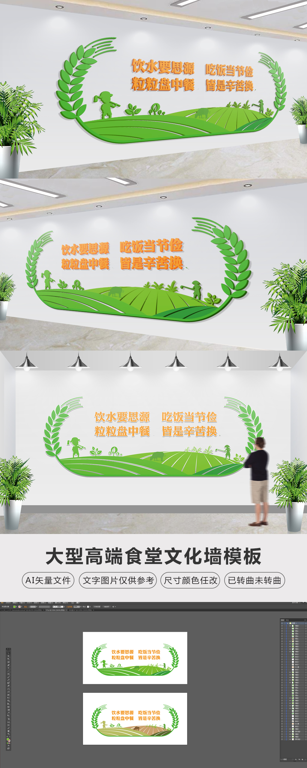 原创学校食堂节约粮食拒绝浪费文化墙-版权可商用