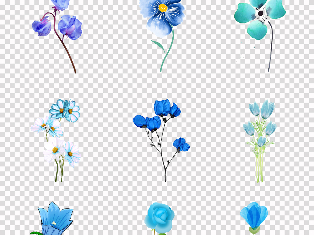 唯美手绘蓝色花卉花朵梦幻水彩花花束背景png素材