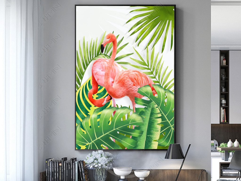 北欧现代小清新叶子植物画火烈鸟装饰画