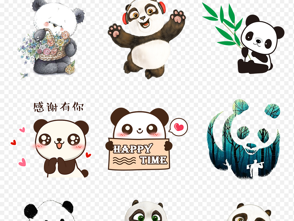 可爱手绘卡通熊猫海报素材背景图片png