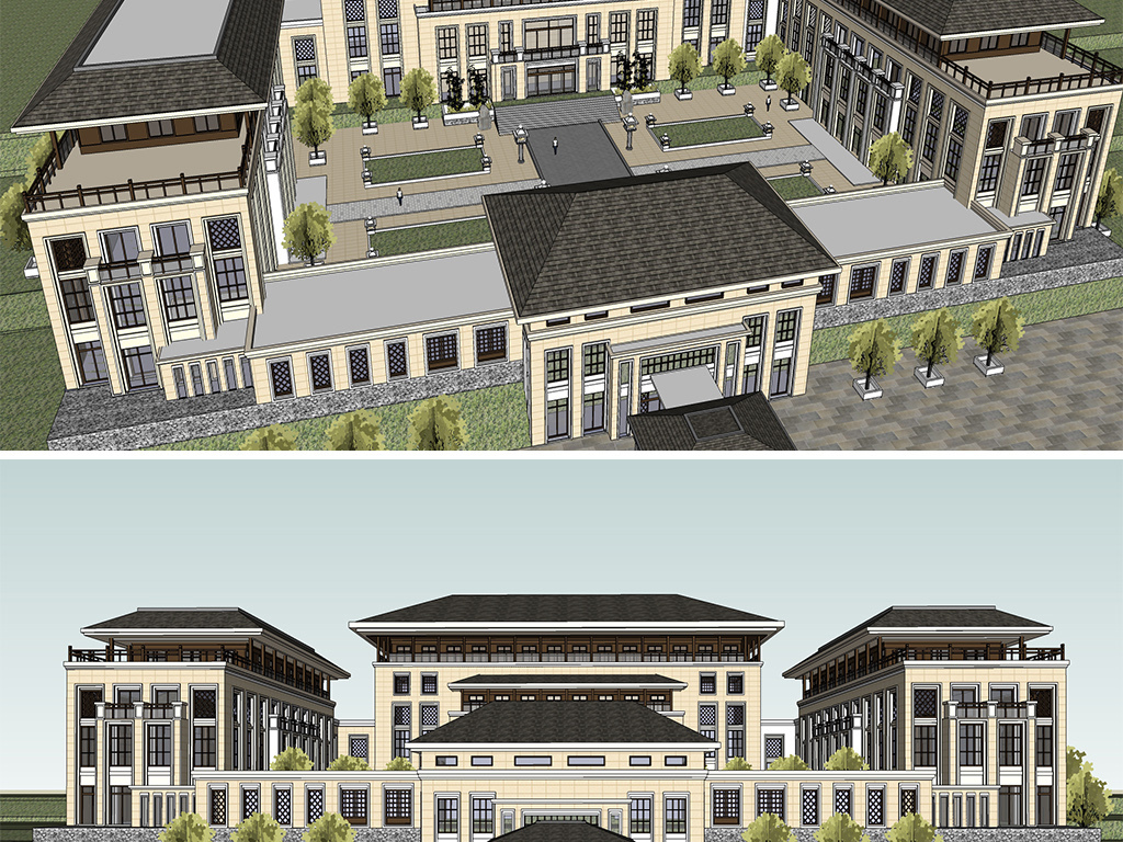 中式古典风格度假生态酒店建筑中式会所建筑模型设计