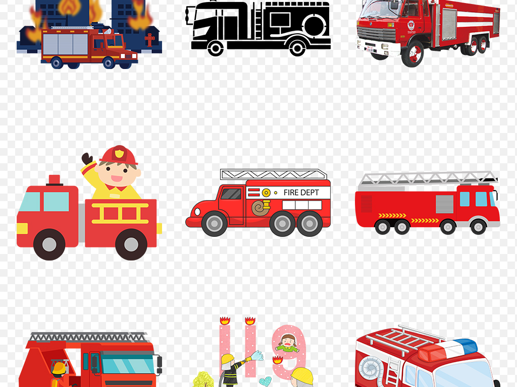 卡通消防车火灾宣传展板海报素材背景图片PNG