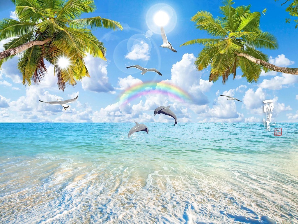 美丽海景沙滩椰树海豚风景画电视背景墙
