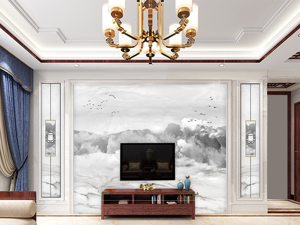 新中式水墨大理石山水渔歌子护墙板背景墙