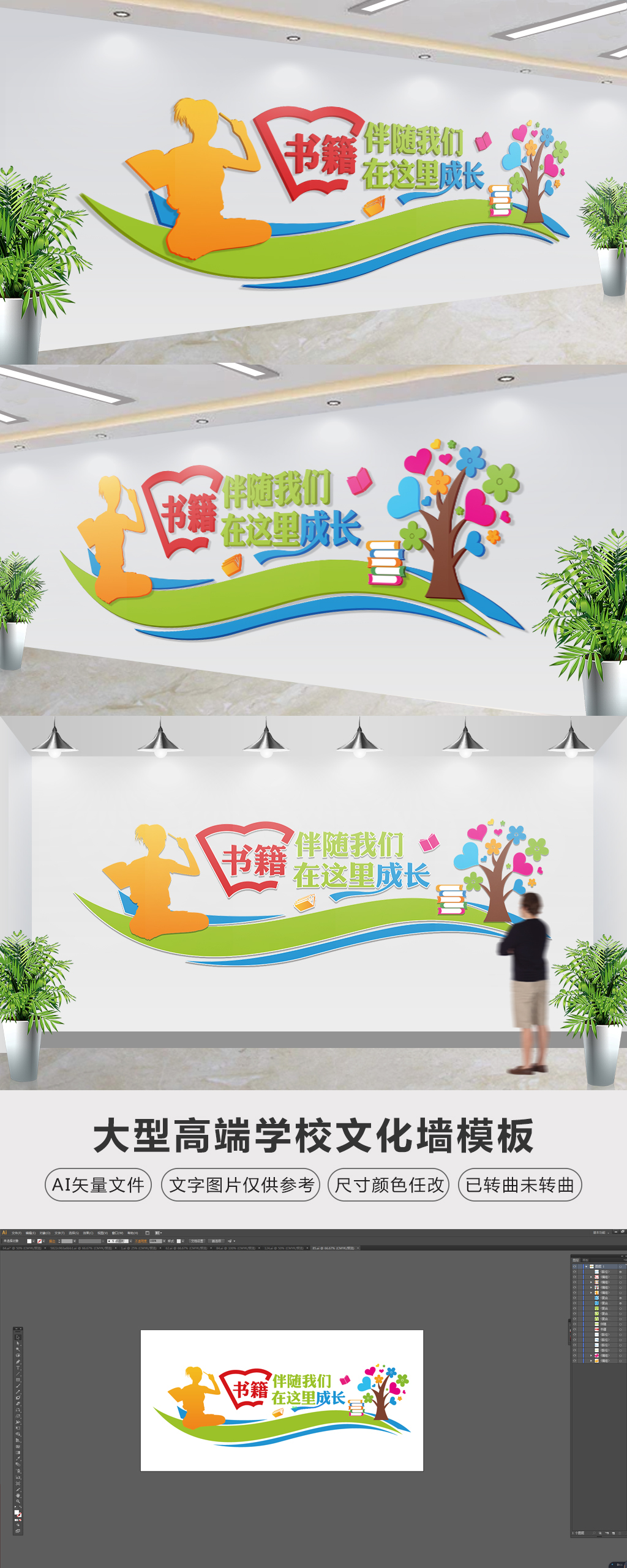 书籍伴随我们成长校园图书室文化墙