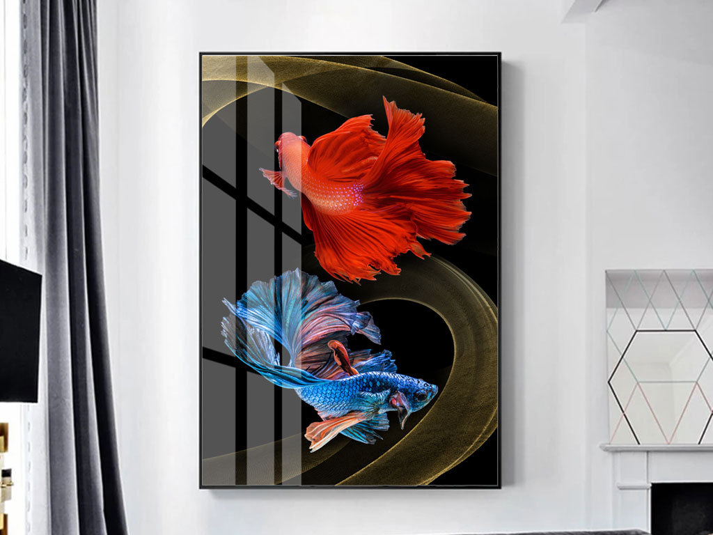 现代简约红色蓝色斗鱼金色烟雾晶瓷画装饰画