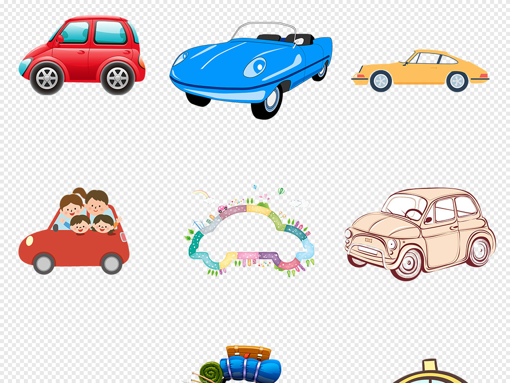 可爱卡通汽车素描驾车旅游海报素材背景PNG