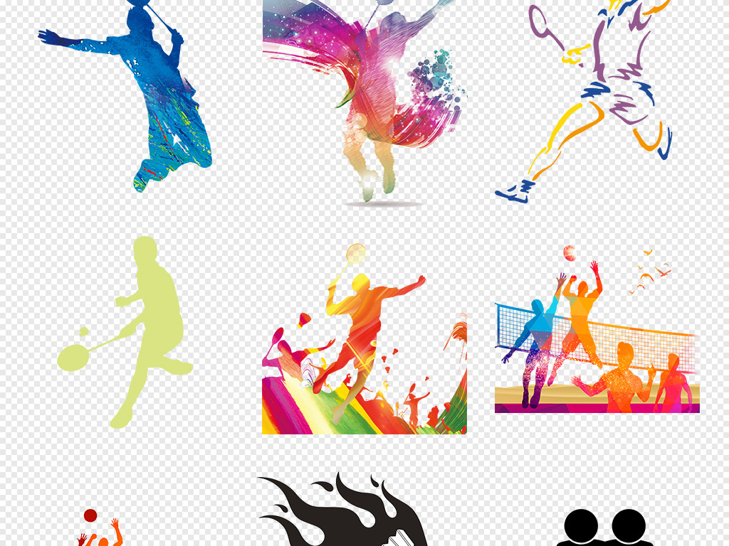 羽毛球排球比赛卡通剪影运动人物海报素材背景