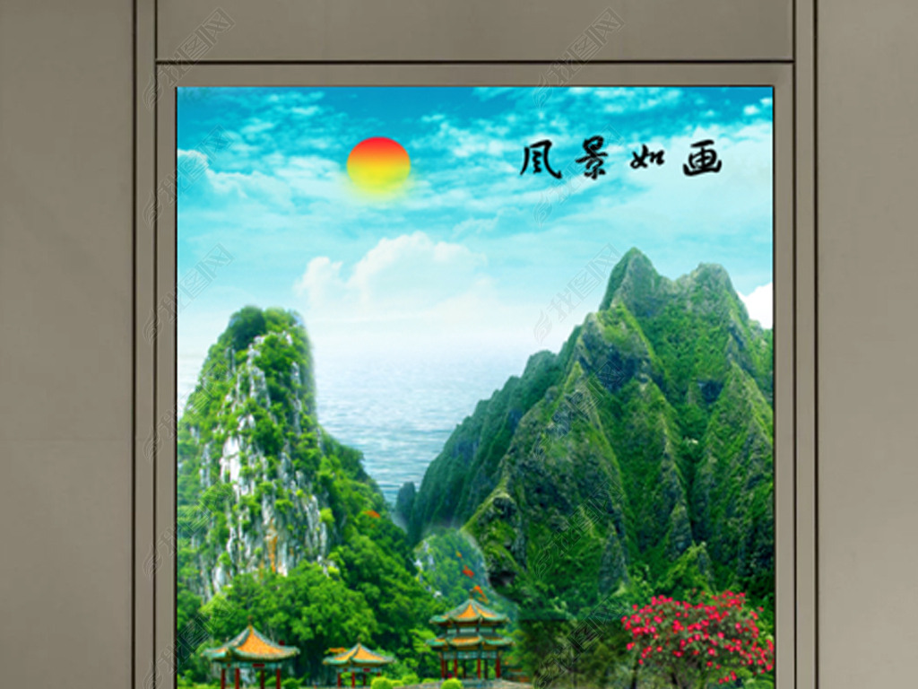 原创漓江山水迎客松荷花山水风景画玄关版权可商用