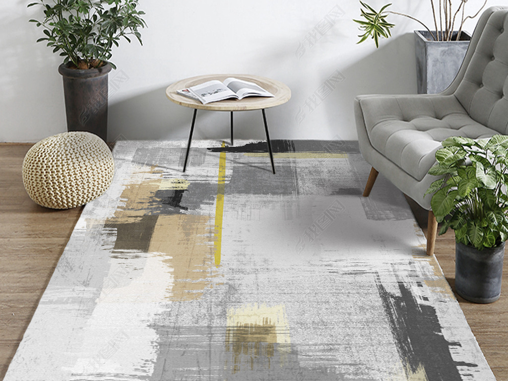 现代简约手绘抽象墨迹混搭复古北欧客厅地毯