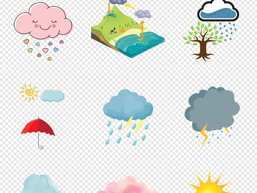 卡通手绘云朵云彩雨滴雨点下雨png素材