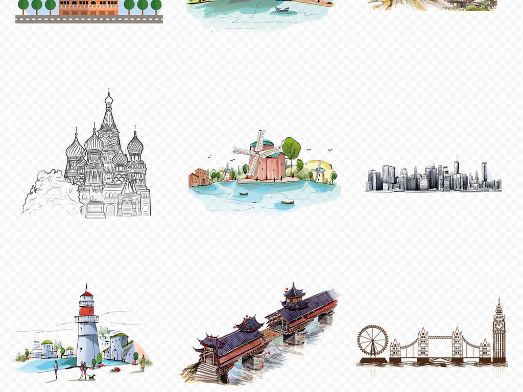 现代手绘城市简笔画建筑卡通背景png装饰