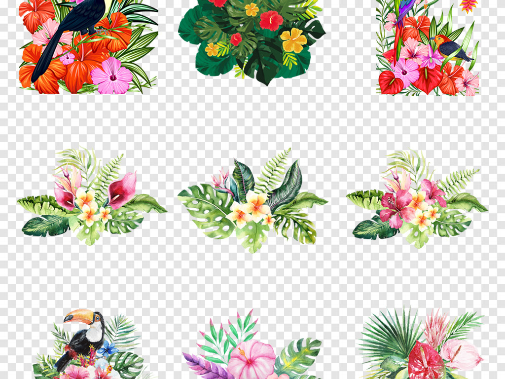森系热带植物花草树叶水彩手绘火烈鸟海报背景