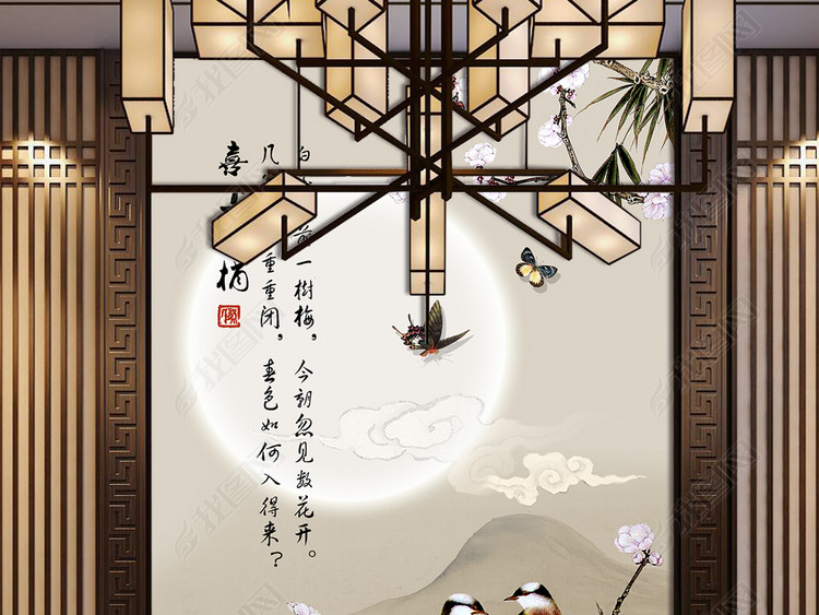 喜上眉梢花鸟富贵中式玄关装饰画