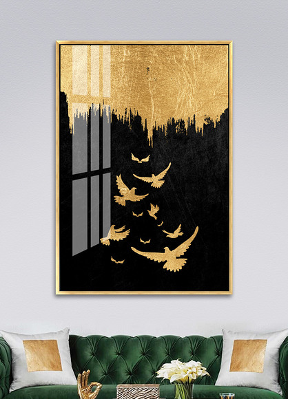 北欧简约鎏金飞鸟黑金客厅装饰画晶瓷画