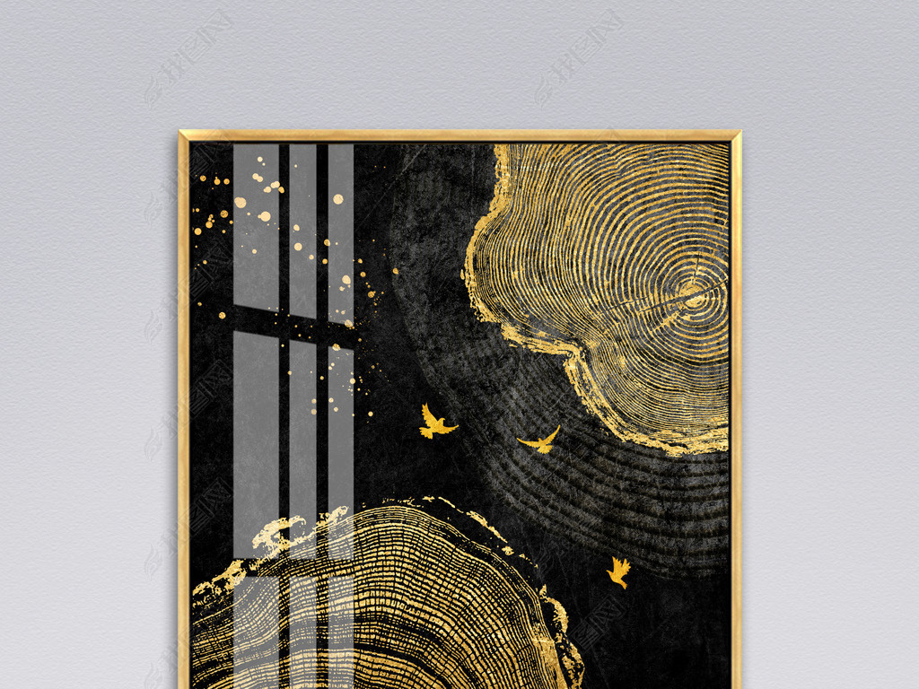 原创北欧抽象黑金年轮客厅装饰画晶瓷画版权可商用