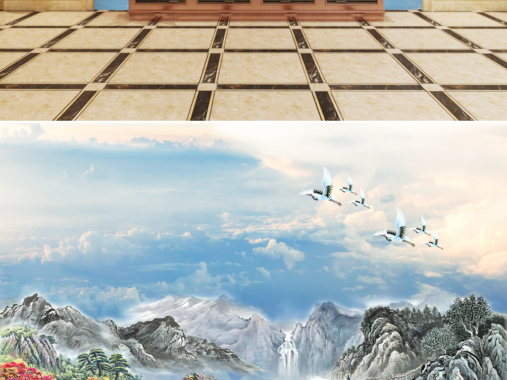 高清新中式大理石纹抽象山水背景墙云海之上