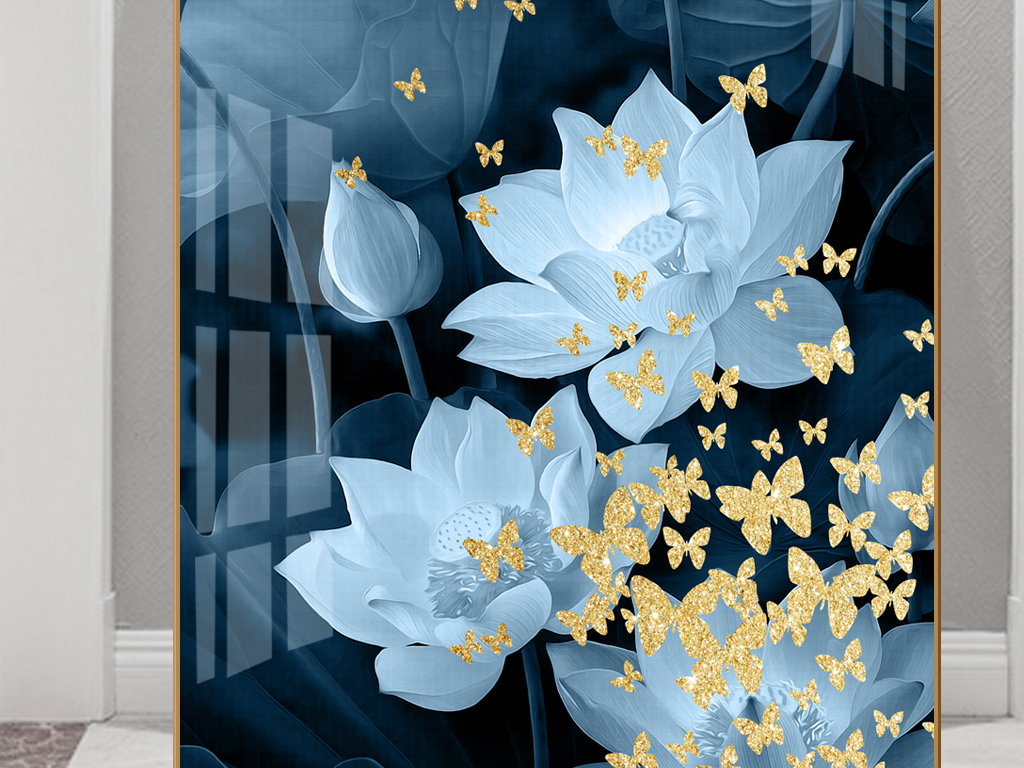 原创新中式抽象晶瓷意境禅意蝴蝶水墨荷花装饰画版权可商用
