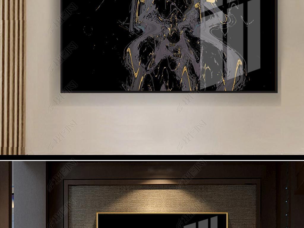 原创新中式晶瓷画抽象线条轻奢黑金竖版现代装饰画版权可商用