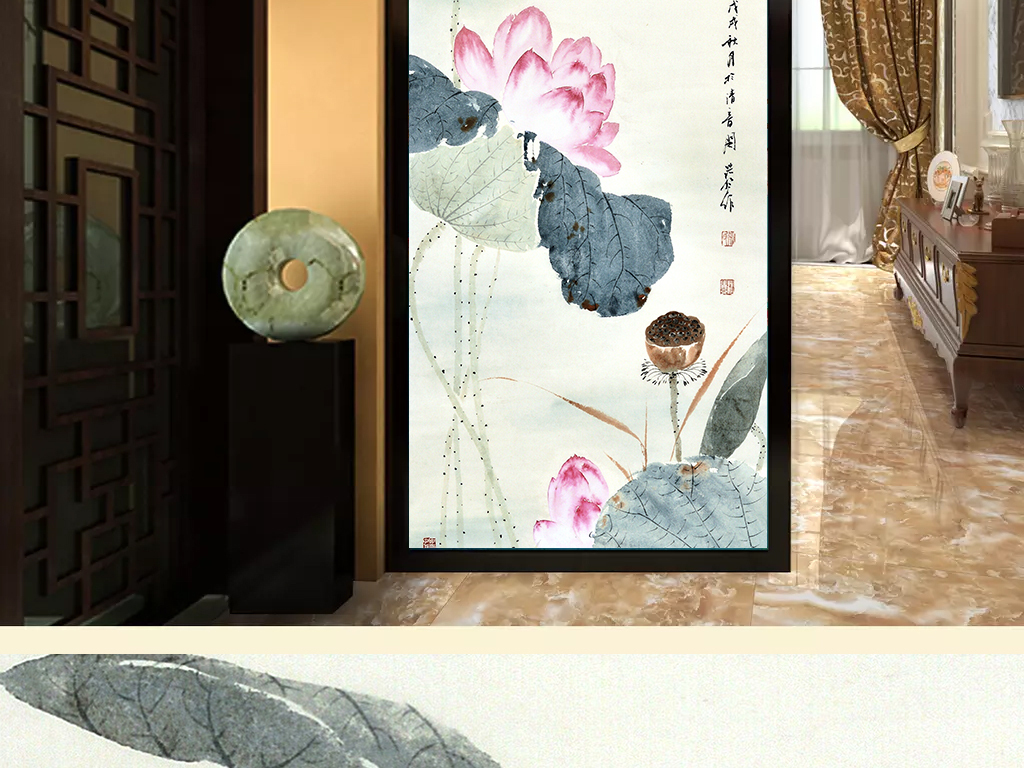 新中式荷花玄关过道背景墙装饰画荷花韵