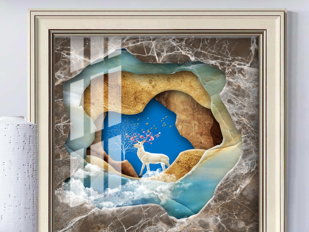 创意大理石纹3d麋鹿晶瓷装饰画