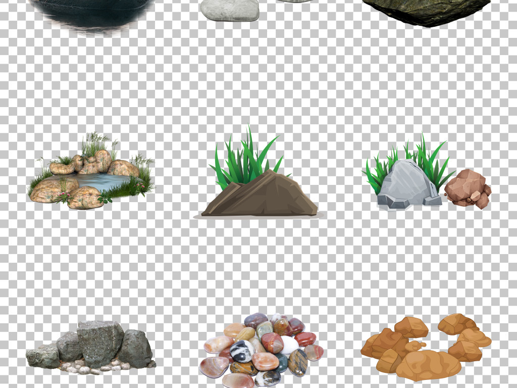 鹅卵石假山岩石石块草丛石头免抠png素材